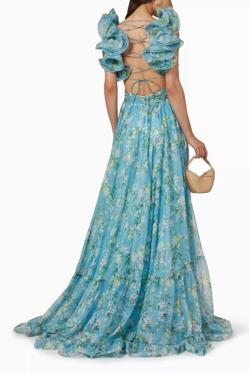 Floral V-Neck Cut-Out Ruffle Hem Maxi Dress Blue