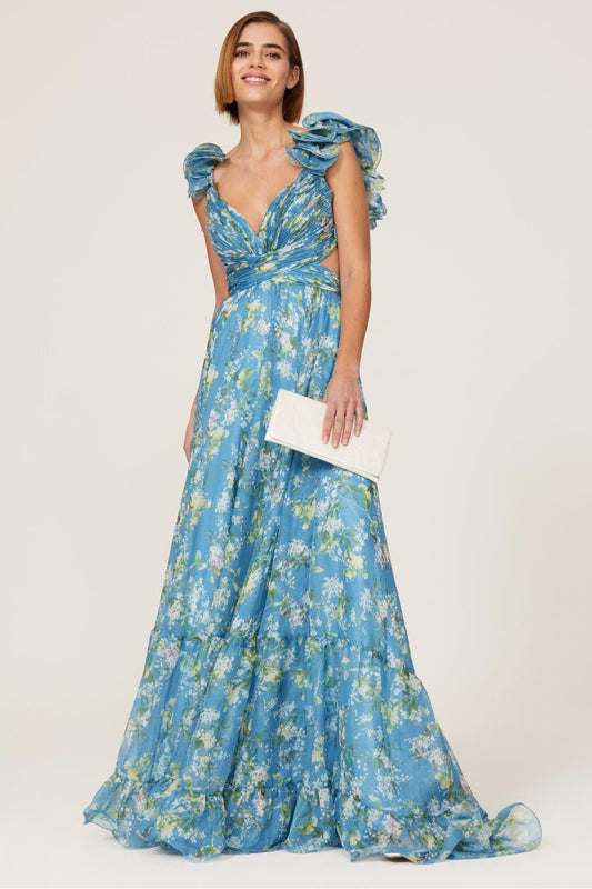 Floral V-Neck Cut-Out Ruffle Hem Maxi Dress Blue
