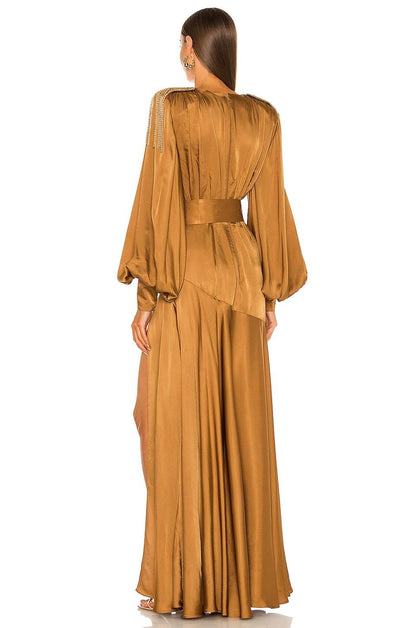 Lantern Sleeve V-Neck Slit Maxi Dress Yellow