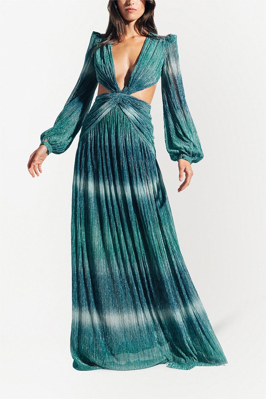 Gradient Lantern Sleeve V-Neck Maxi Dress
