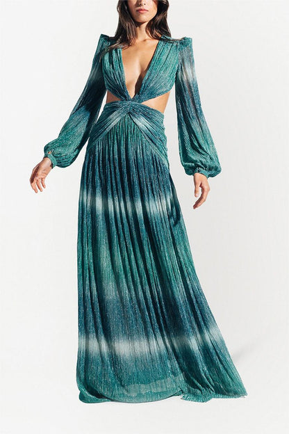 Gradient Lantern Sleeve V-Neck Maxi Dress