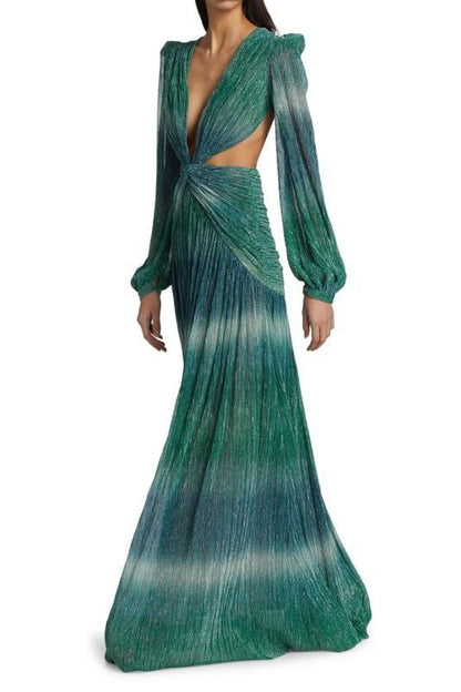 Gradient Lantern Sleeve V-Neck Maxi Dress