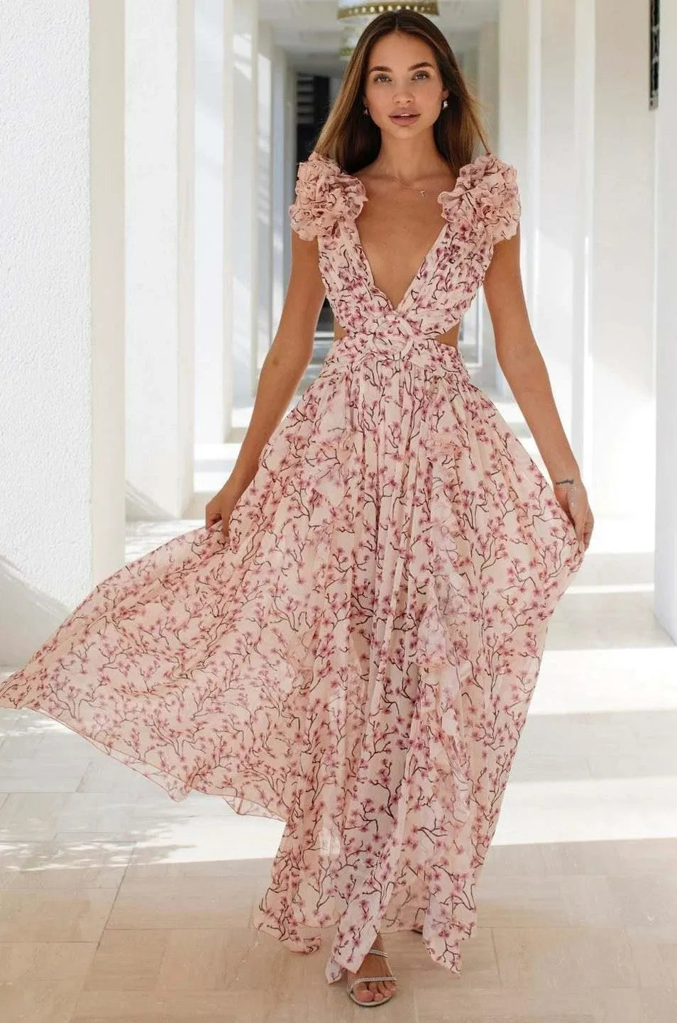 Floral V-Neck Tapered Waist Slit Midi Dress