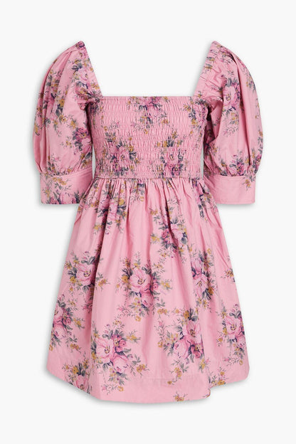 Floral Puff Sleeve Square Collar Smocked Elastic Mini Dress