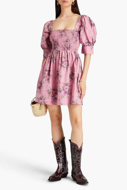Floral Puff Sleeve Square Collar Smocked Elastic Mini Dress
