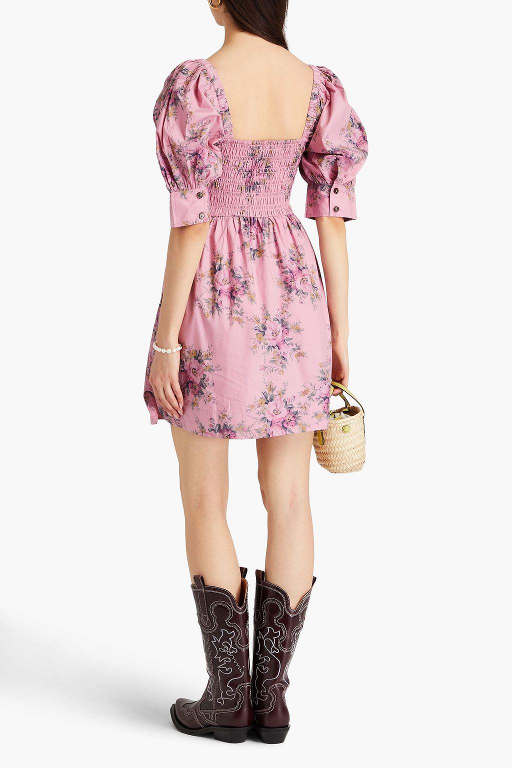 Floral Puff Sleeve Square Collar Smocked Elastic Mini Dress