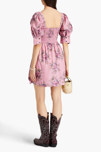 Floral Puff Sleeve Square Collar Smocked Elastic Mini Dress