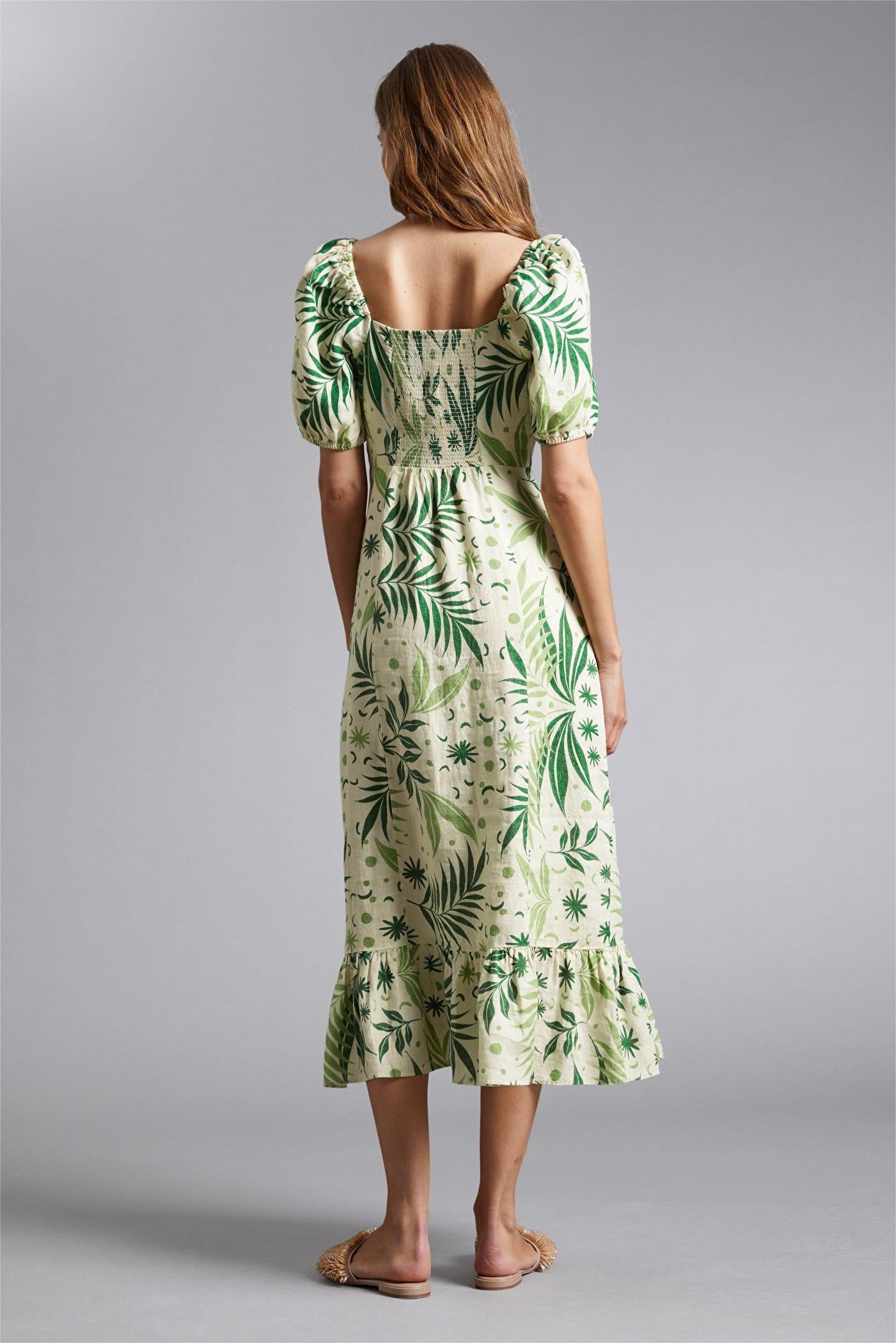 Floral Puff Sleeve Square Collar Slit Midi Dress