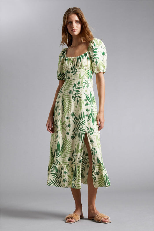 Floral Puff Sleeve Square Collar Slit Midi Dress