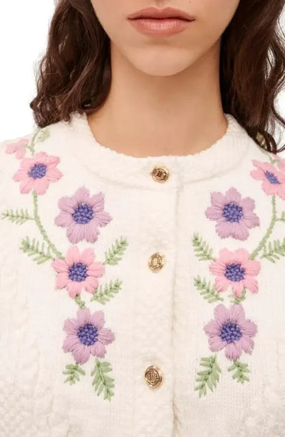 Floral Knit Crew Collar Embroidered Cardigan