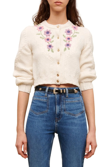 Floral Knit Crew Collar Embroidered Cardigan