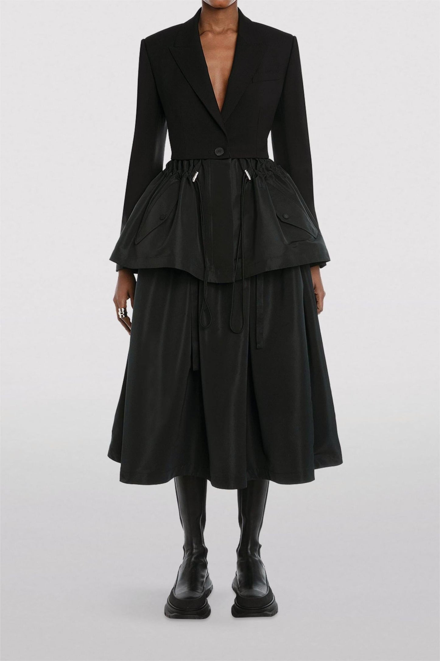 Drawstring Ruffle Hem Blazer Black