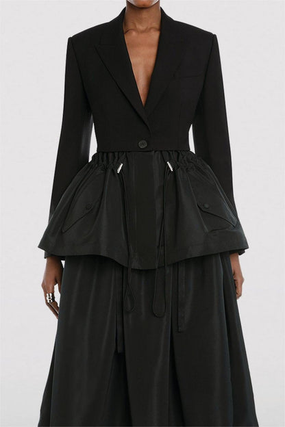 Drawstring Ruffle Hem Blazer Black