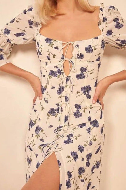 Floral Square Collar Lace Up Slit Midi Dress