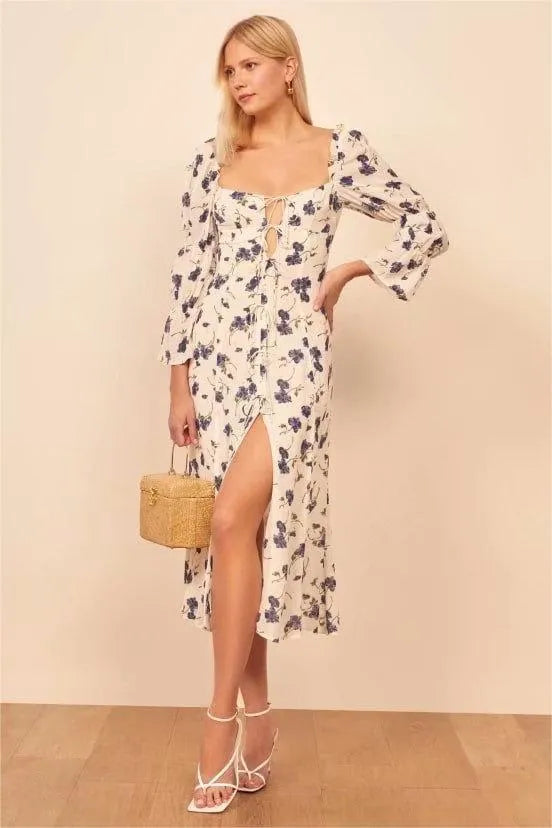 Floral Square Collar Lace Up Slit Midi Dress