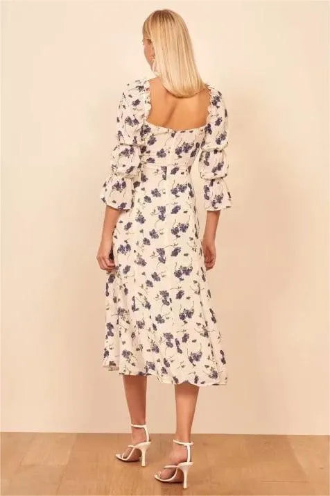 Floral Square Collar Lace Up Slit Midi Dress