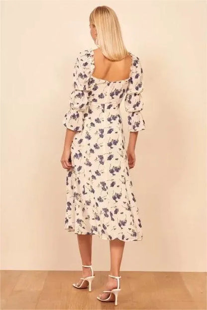 Floral Square Collar Lace Up Slit Midi Dress