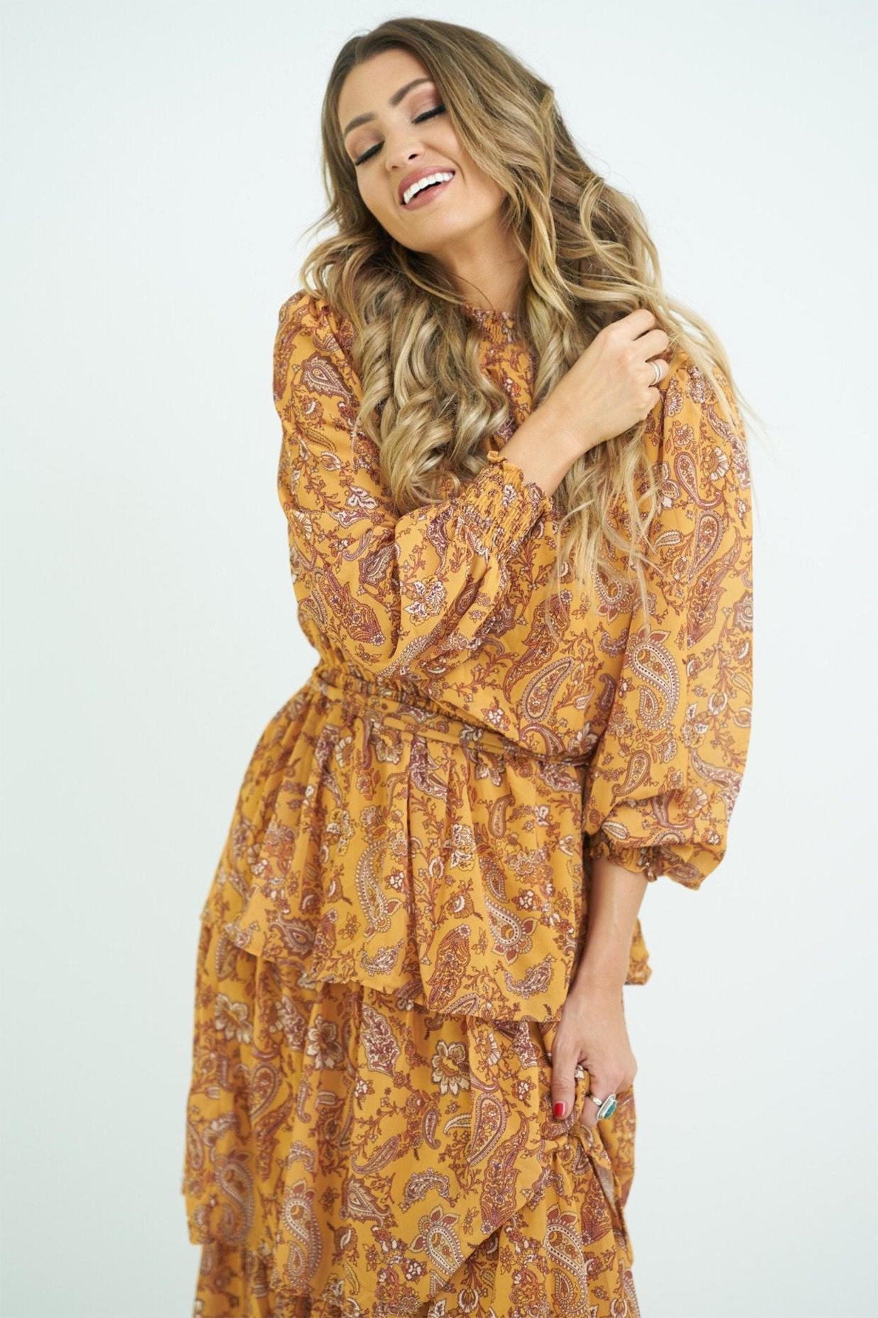 Floral Lantern Sleeve Stand Collar Belted Tiered Ruffle Trim Maxi Dress