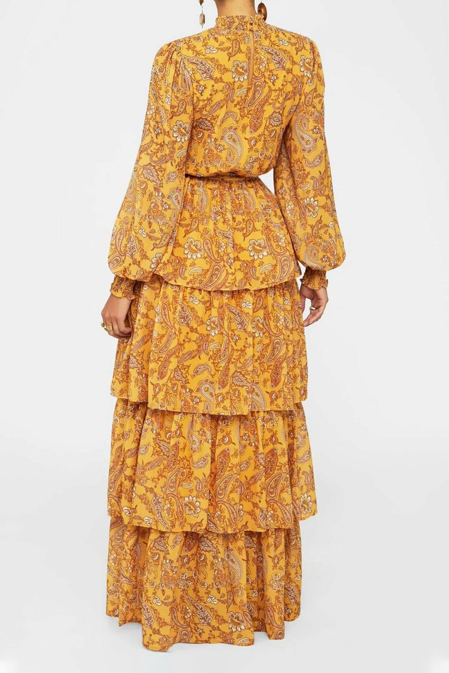 Floral Lantern Sleeve Stand Collar Belted Tiered Ruffle Trim Maxi Dress