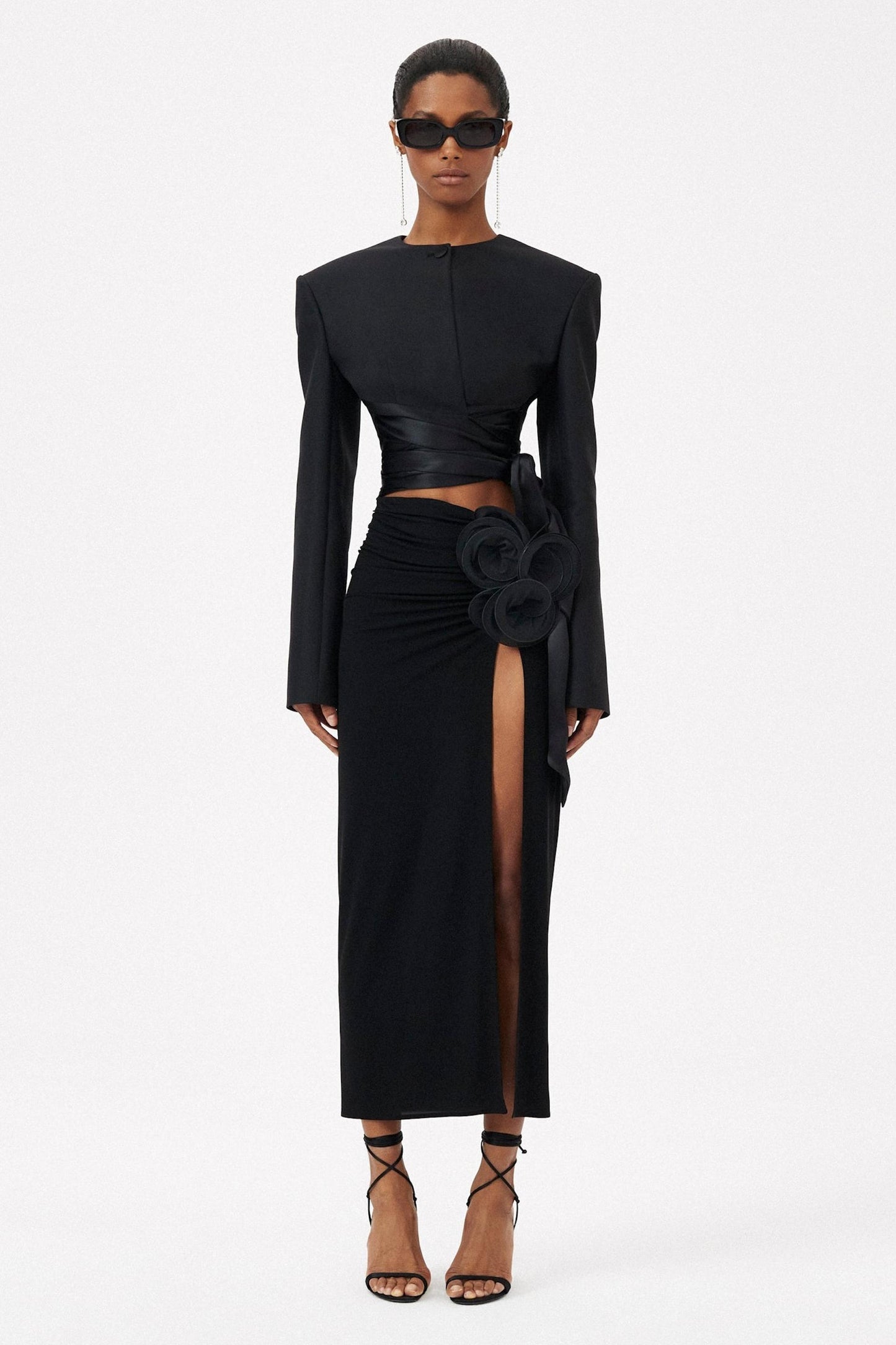 Solid Lace Up Top & 3D Flower High Waist Midi Skirt Set