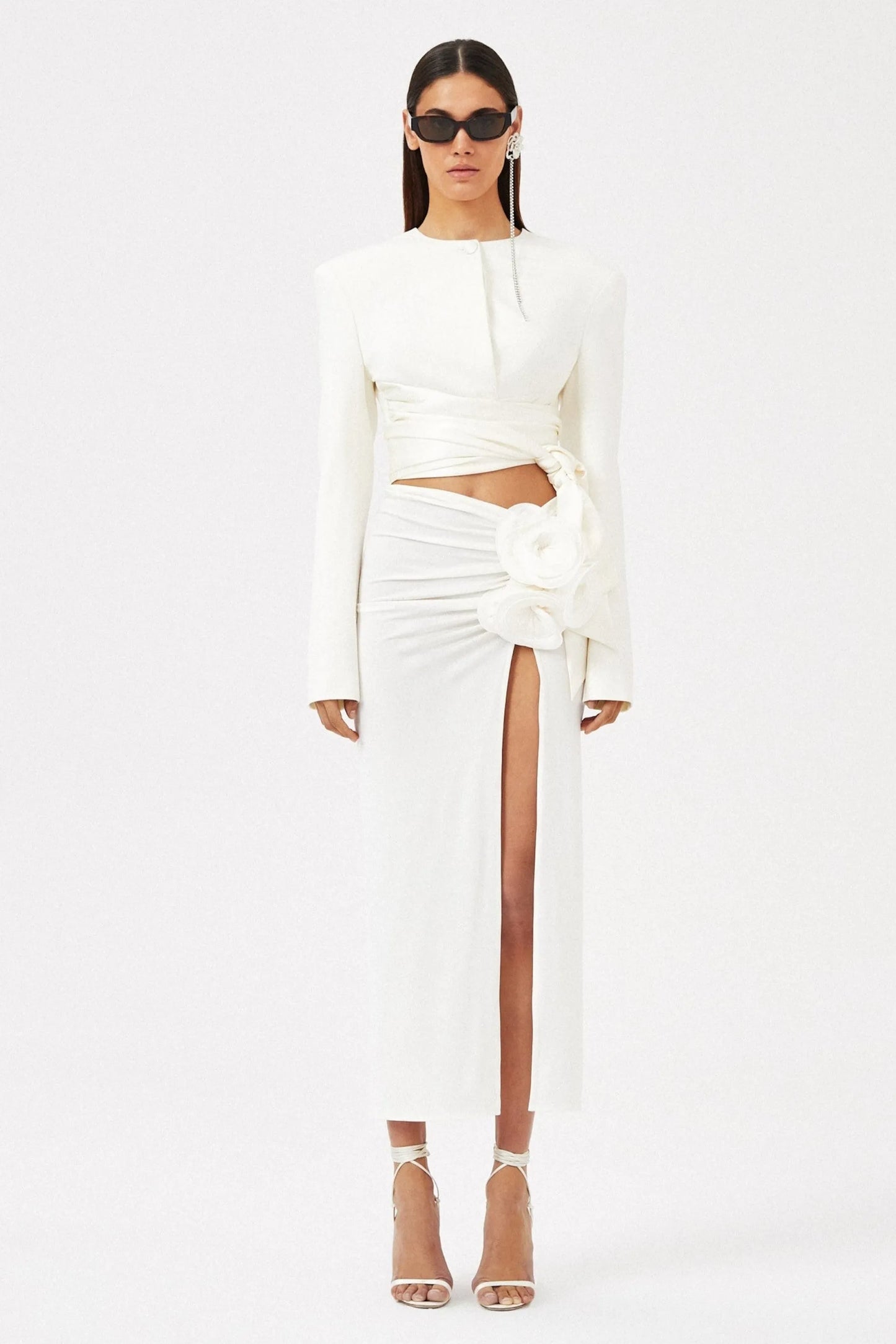 Lace Up Top & 3D Flower High Waist Midi Skirt Set White