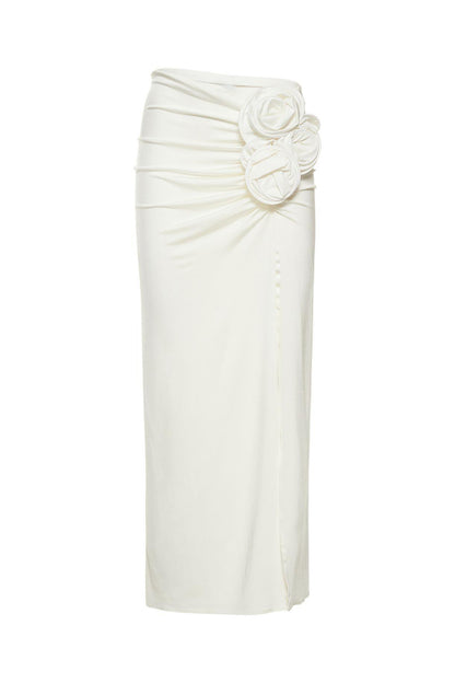 Lace Up Top & 3D Flower High Waist Midi Skirt Set White