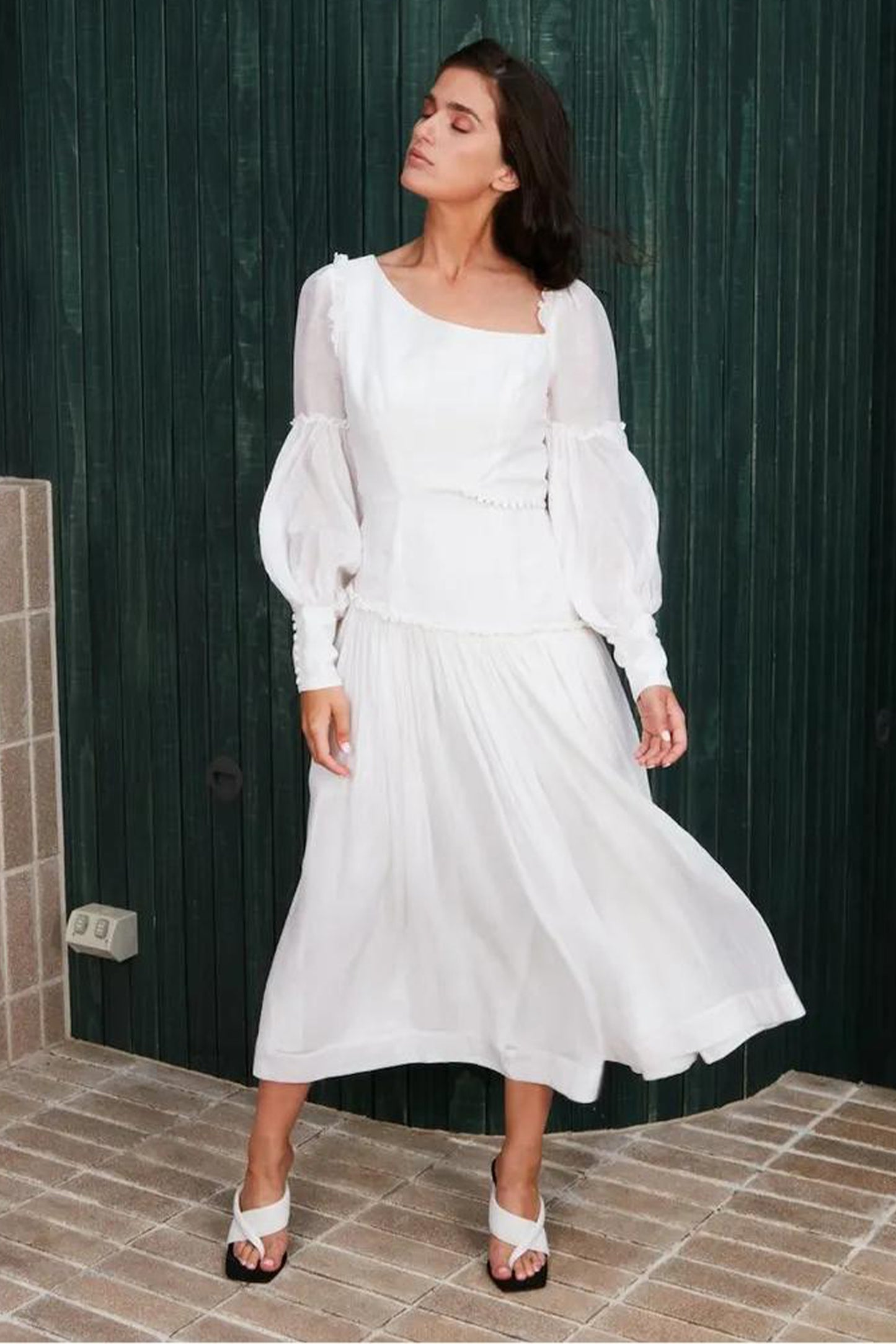 Lantern Sleeve Diagonal Collar Hollow Out Midi Dress