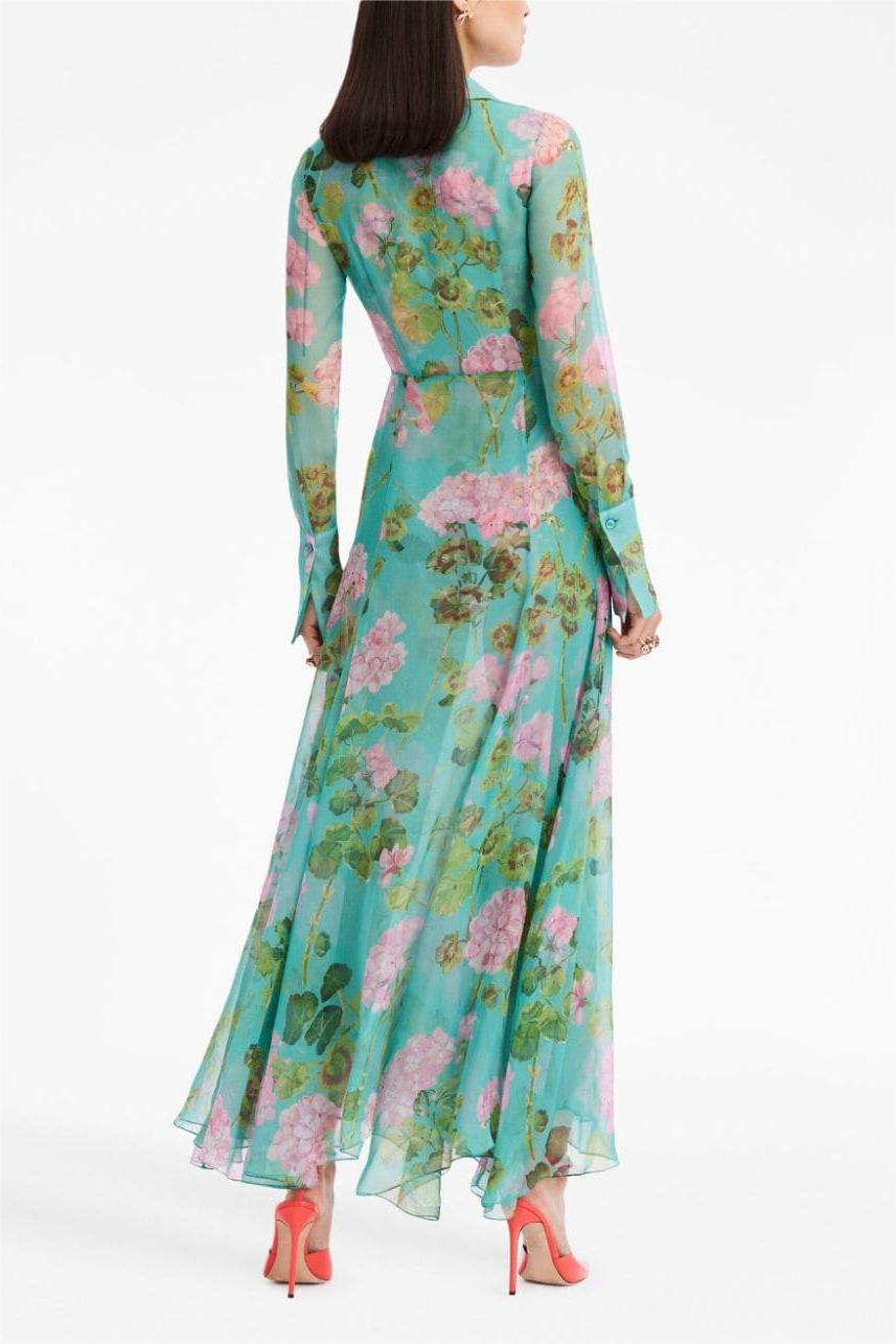 Floral Lantern Sleeve Lapel Buckle Maxi Dress