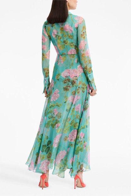 Floral Lantern Sleeve Lapel Buckle Maxi Dress