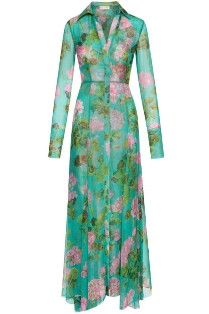 Floral Lantern Sleeve Lapel Buckle Maxi Dress