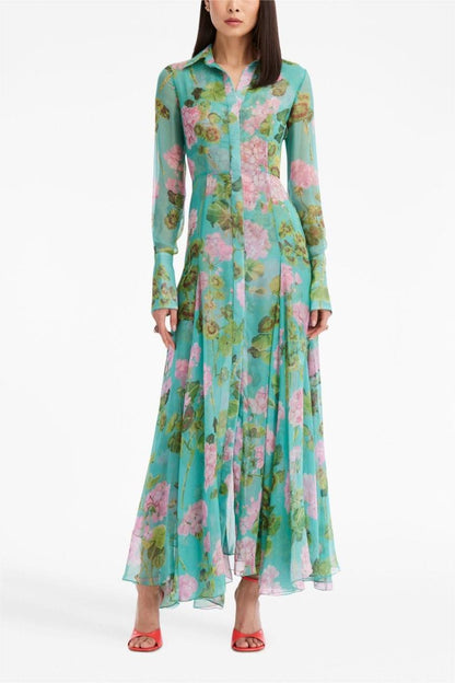 Floral Lantern Sleeve Lapel Buckle Maxi Dress