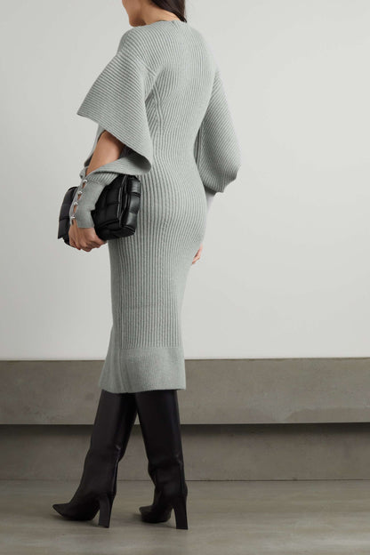 Cut-Out Long Sleeve V-Neck Knit Midi Dress