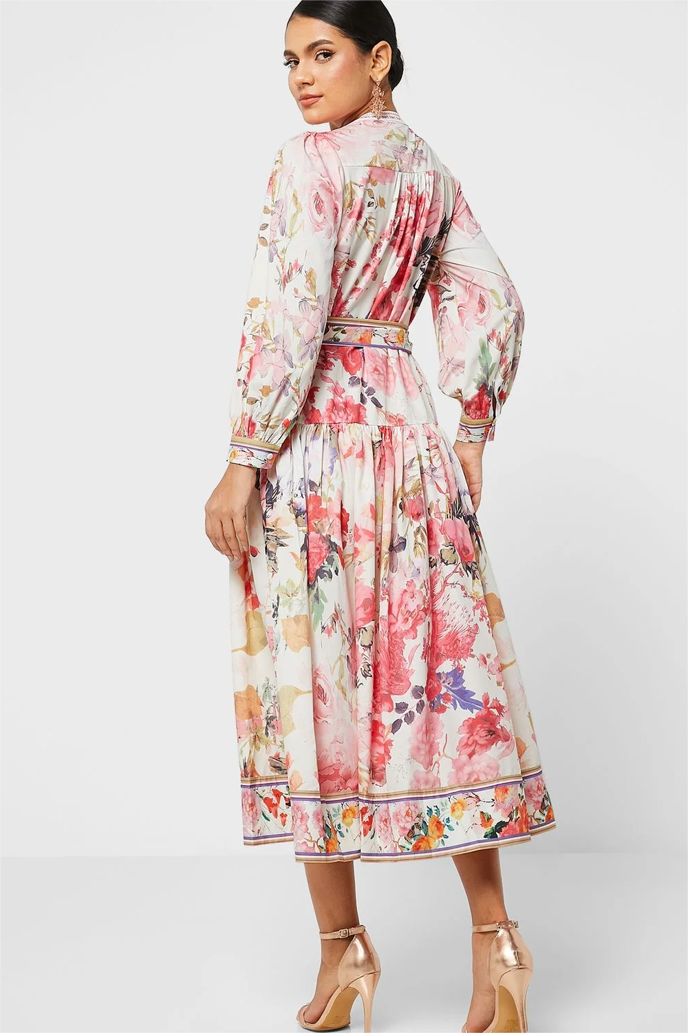 Floral Long Sleeve Crew Collar Buttoned Lace Up Midi Dress