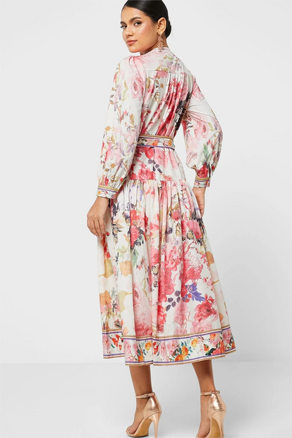 Floral Long Sleeve Crew Collar Buttoned Lace Up Midi Dress