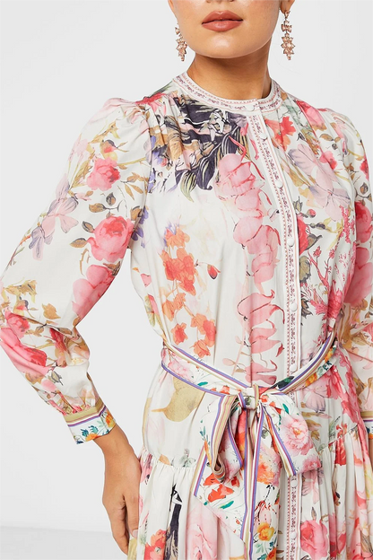 Floral Long Sleeve Crew Collar Buttoned Lace Up Midi Dress