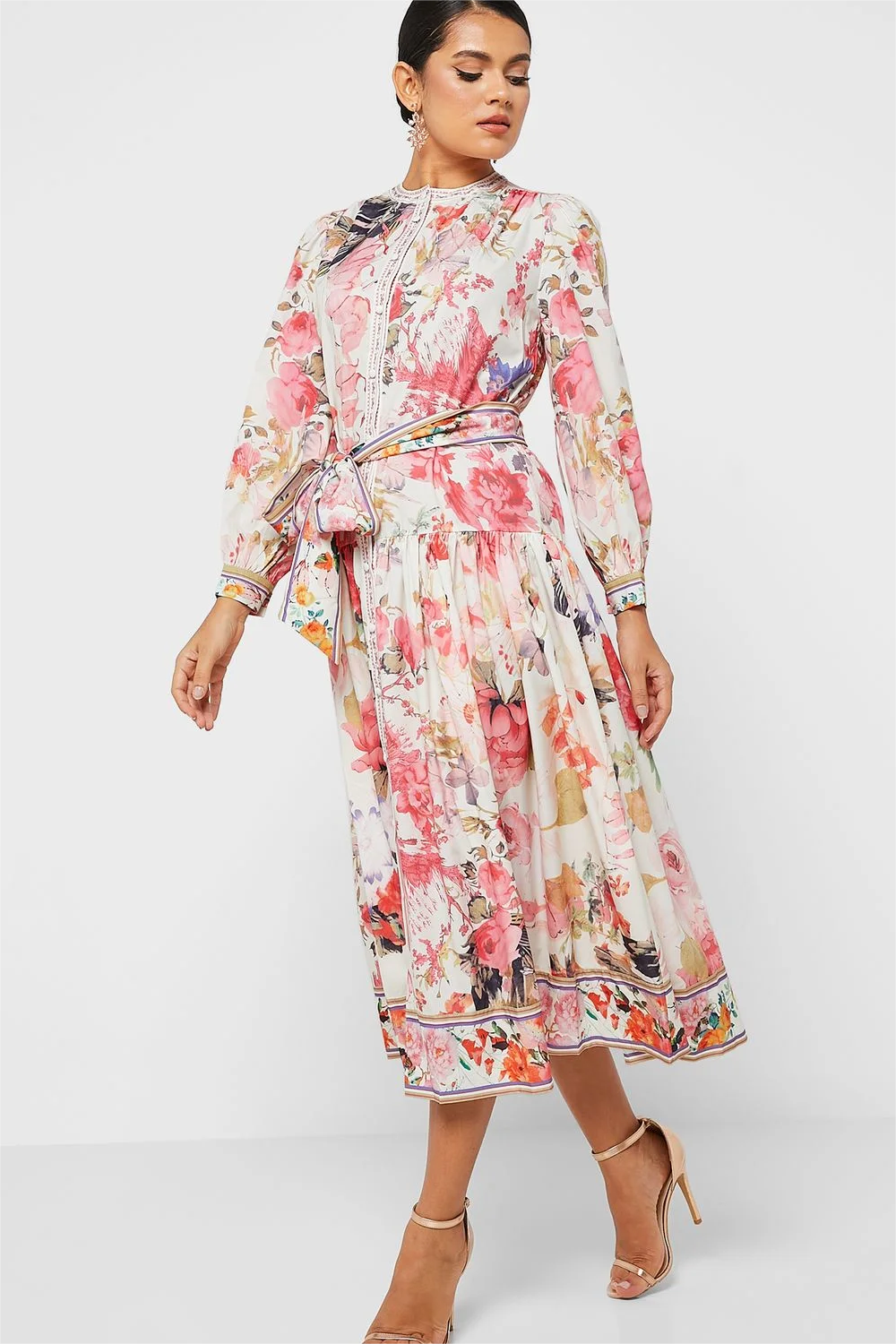 Floral Long Sleeve Crew Collar Buttoned Lace Up Midi Dress