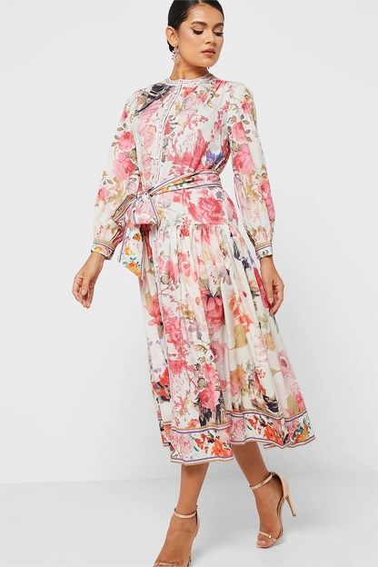 Floral Long Sleeve Crew Collar Buttoned Lace Up Midi Dress