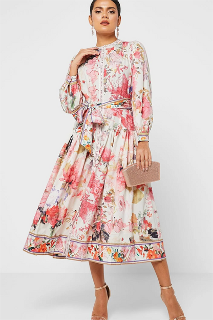 Floral Long Sleeve Crew Collar Buttoned Lace Up Midi Dress