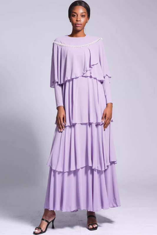 Long Sleeve Crew Collar Ruffle Hem Layered Maxi Dress