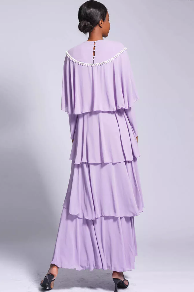 Long Sleeve Crew Collar Ruffle Hem Layered Maxi Dress