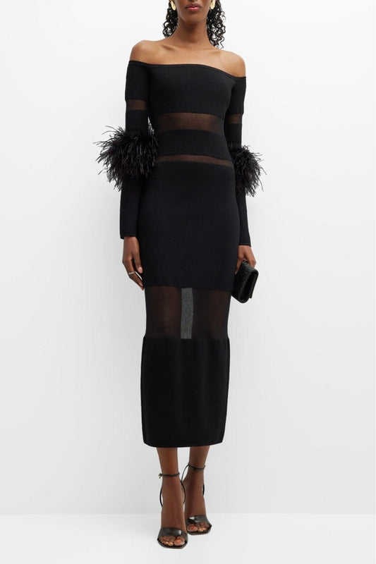 Long Sleeve Off-Shoulder Feather Midi Dress