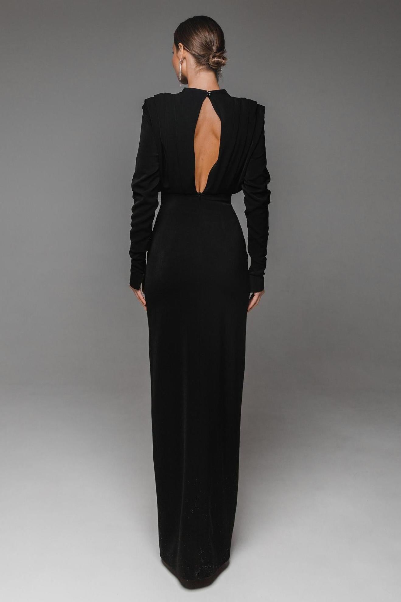 Stand Collar Long Sleeve Pleated Waist Split Maxi Dress
