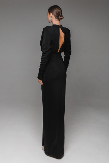 Stand Collar Long Sleeve Pleated Waist Split Maxi Dress