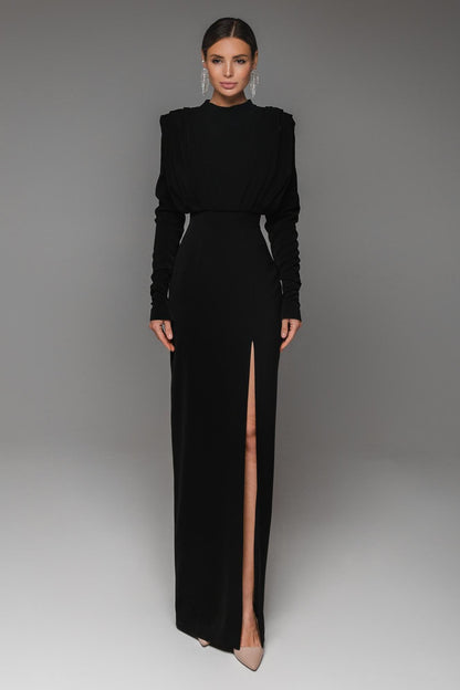 Stand Collar Long Sleeve Pleated Waist Split Maxi Dress