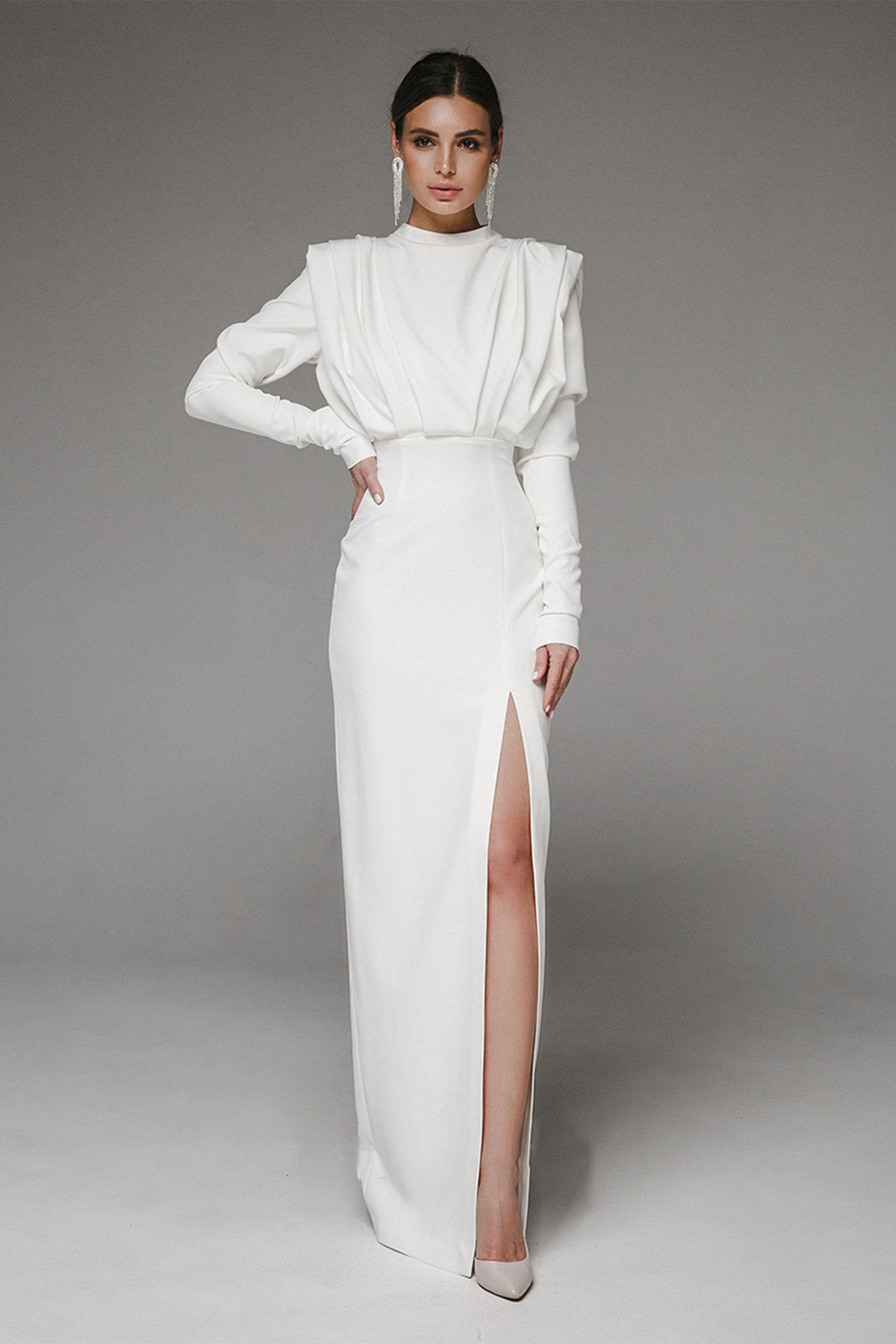 Stand Collar Long Sleeve Pleated Waist Split Maxi Dress