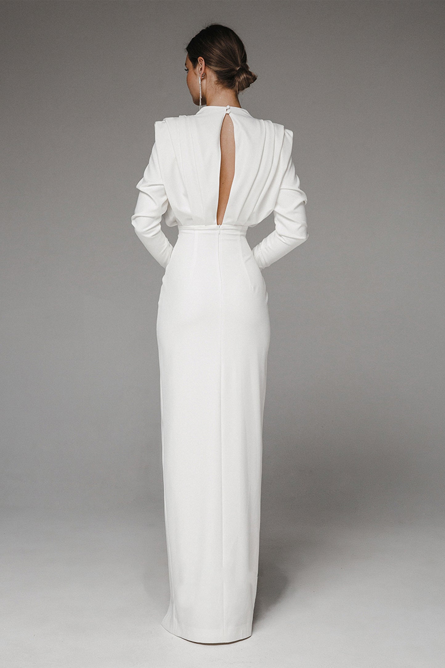 Stand Collar Long Sleeve Pleated Waist Split Maxi Dress