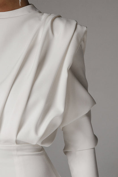 Stand Collar Long Sleeve Pleated Waist Split Maxi Dress