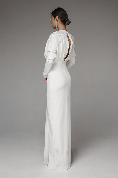 Stand Collar Long Sleeve Pleated Waist Split Maxi Dress