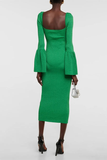 Flared Sleeve Heart Collar Knit Dress Green