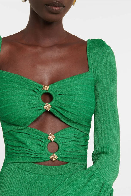 Flared Sleeve Heart Collar Knit Dress Green